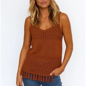 ana Womens‎ Burnt Orange Knit Sweater Tank Top Size XS  Fringe Boho Hippie Y2K